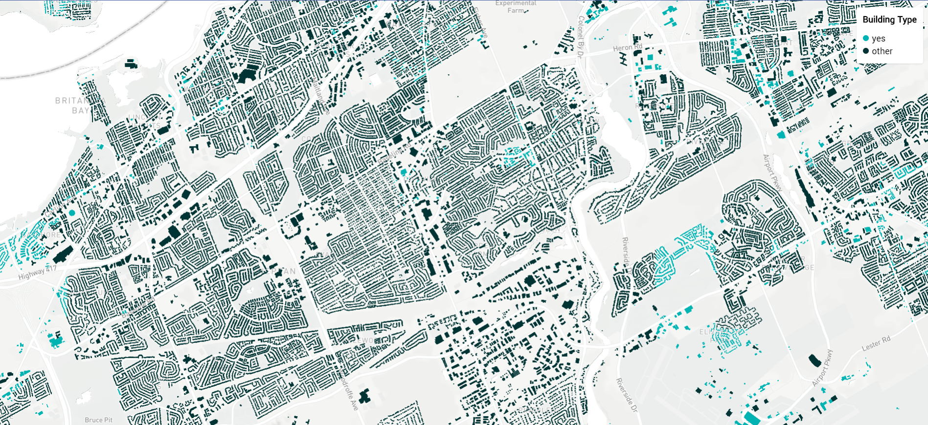 Image of the building footprints in Gatineau, Canada, collected from OpenStreetMap